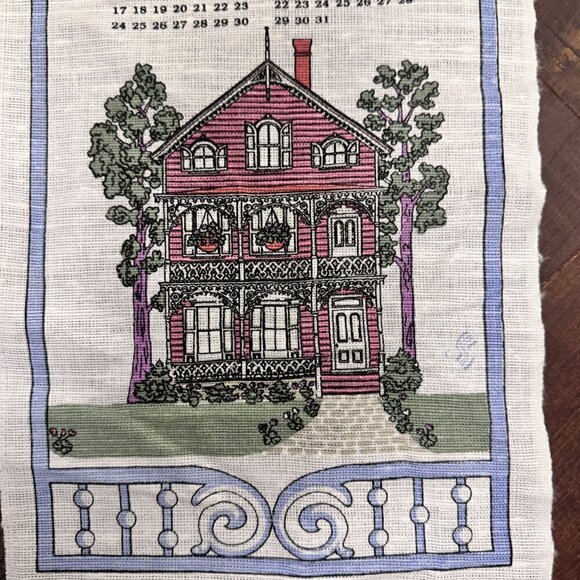 Vintage 1996 Linen Tea Towel Calendar 27"x8" - Charming Victorian House Design - Picture 2 of 3